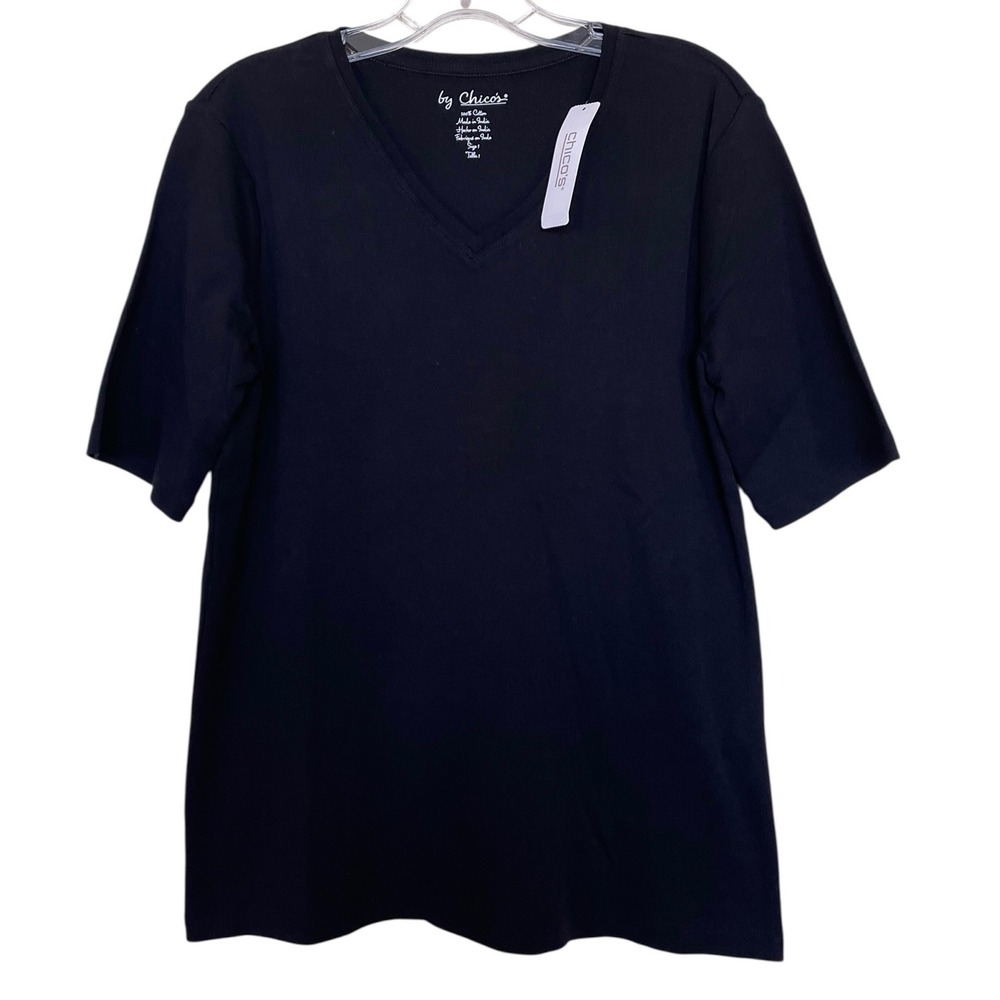 Chicos Faye Elbow Top SS Basic Knit Black V-Neck Cotton T-Shirt Size Medium 1